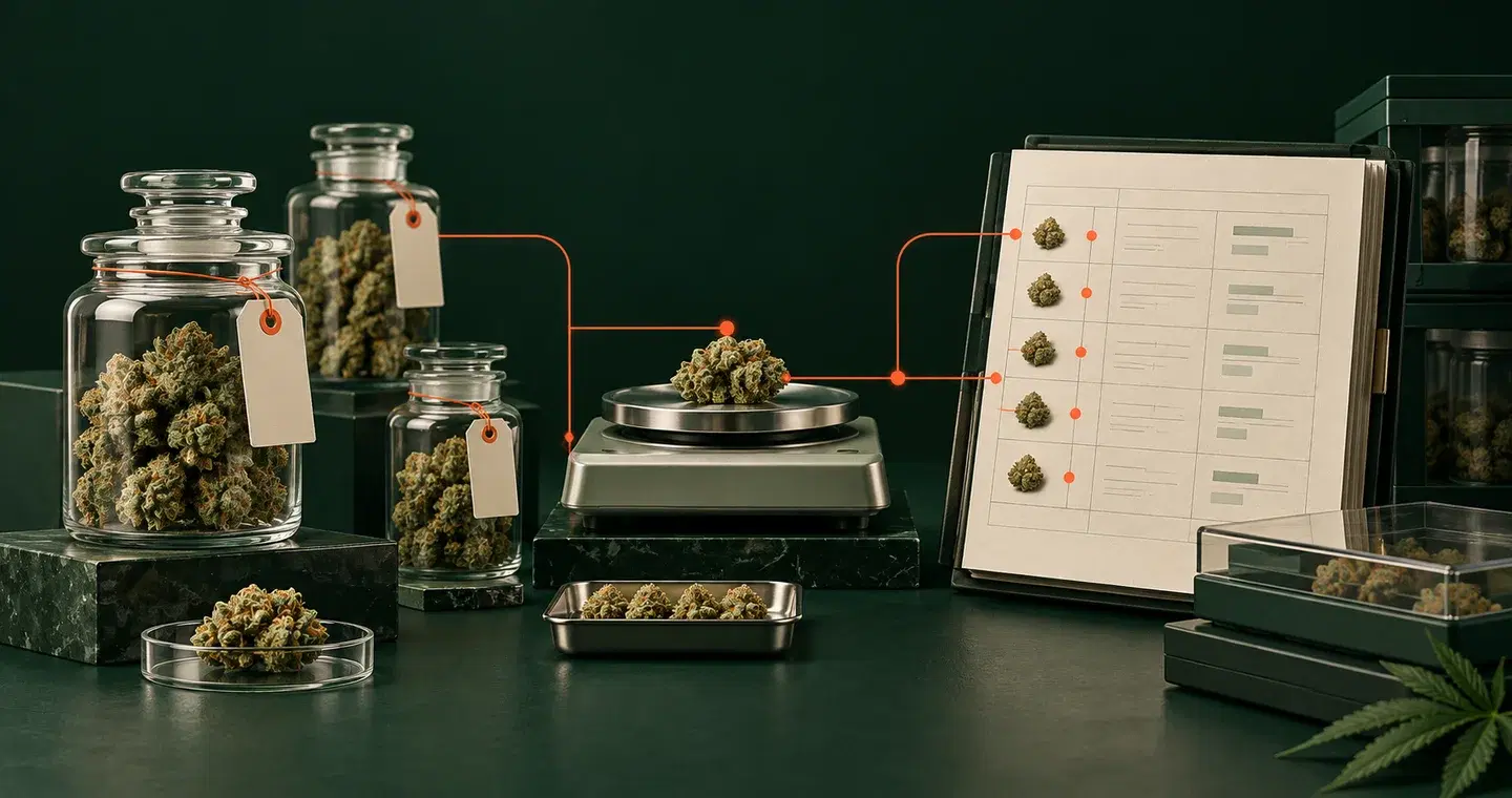 Batch jars, a precision scale and a stock ledger for traceable cannabis inventory