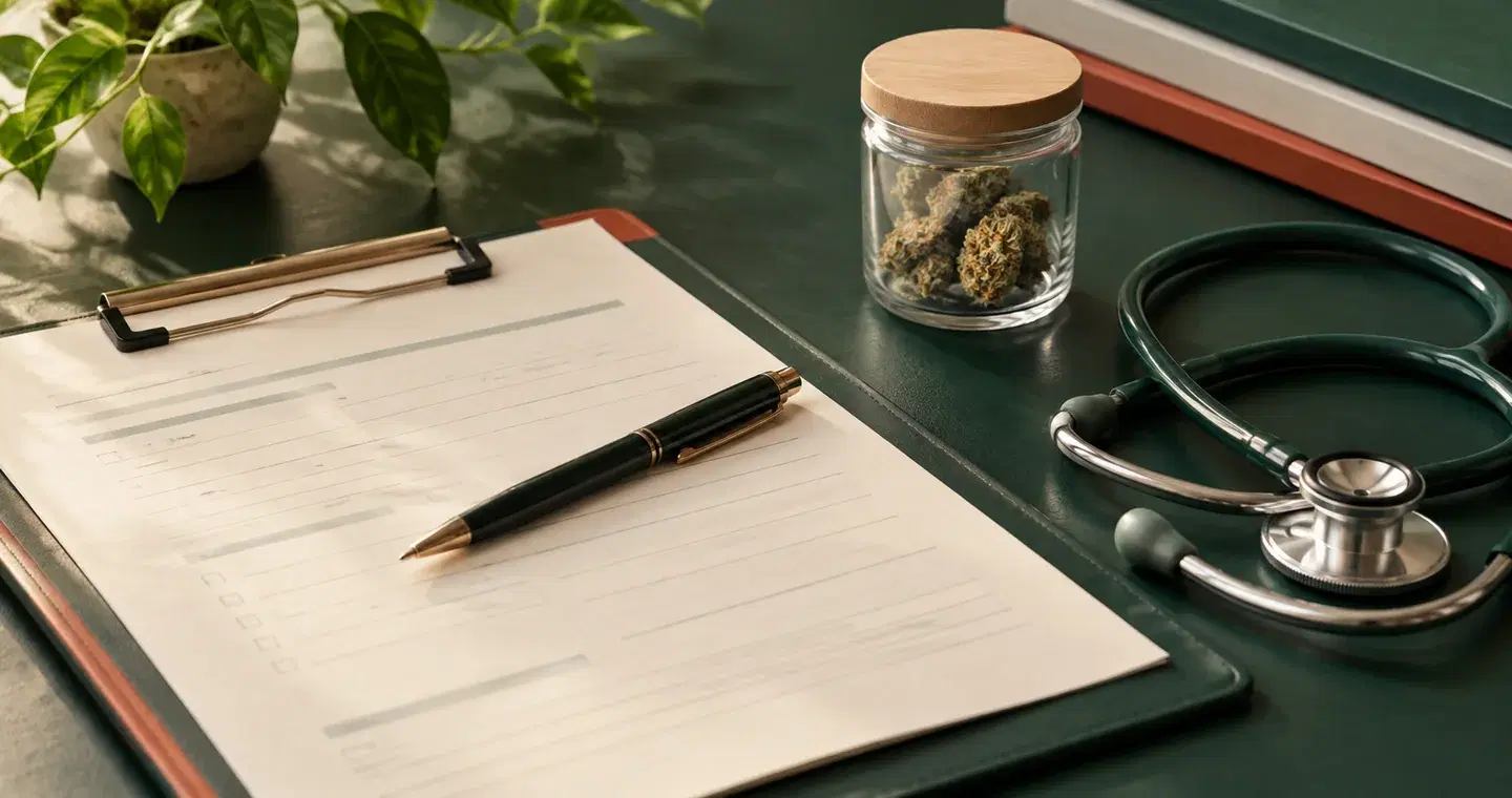 AI-generated consultation desk with a clipboard, pen, stethoscope and sealed jar of cannabis flower