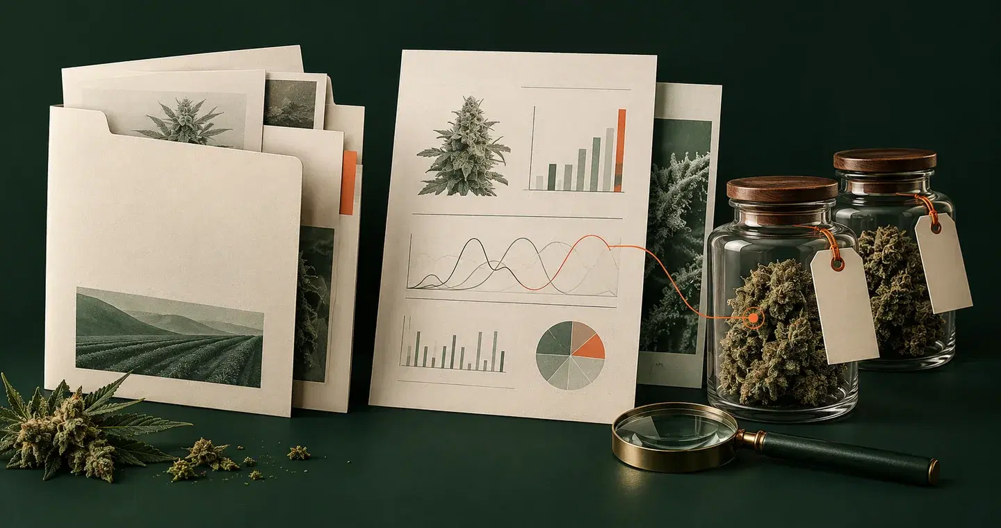 Illustration of supplier document folders, an analysis sheet and sealed batch jars linked for comparison