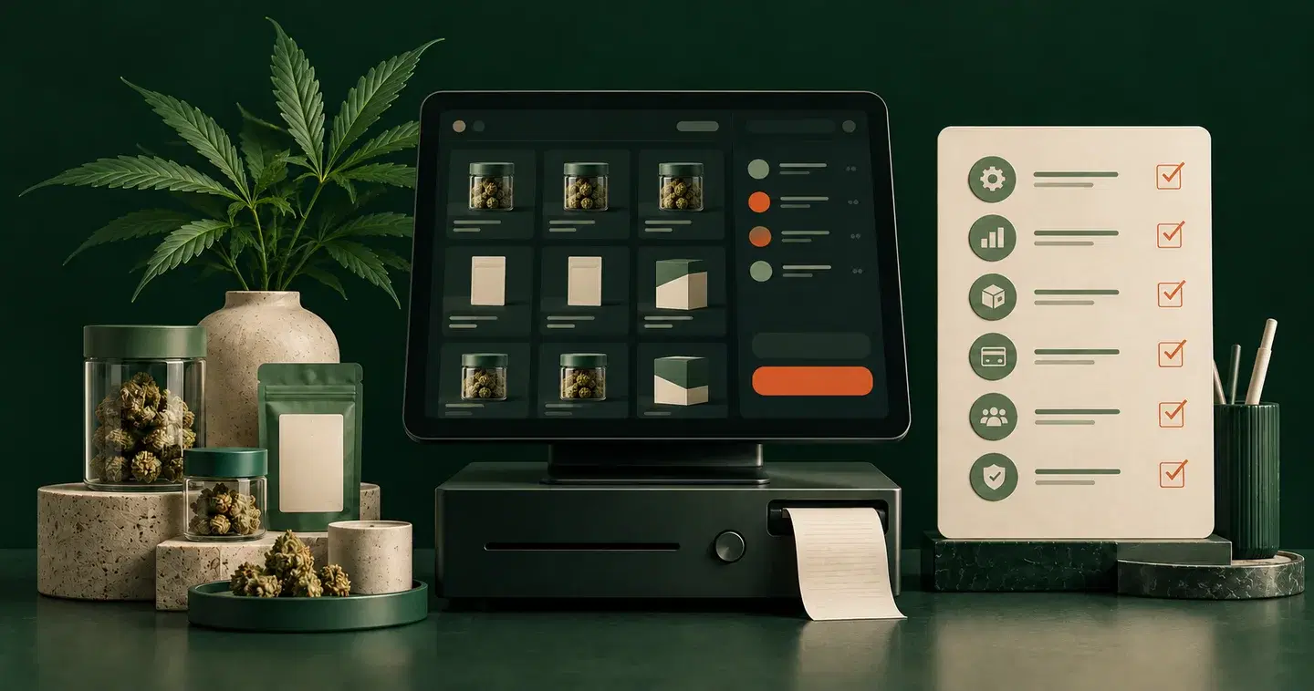 A cannabis checkout terminal, receipt and checklist for comparing POS workflows