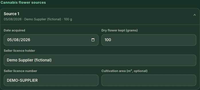 PT27 source entry with a fictional supplier, 5 August 2026, and 100 grams