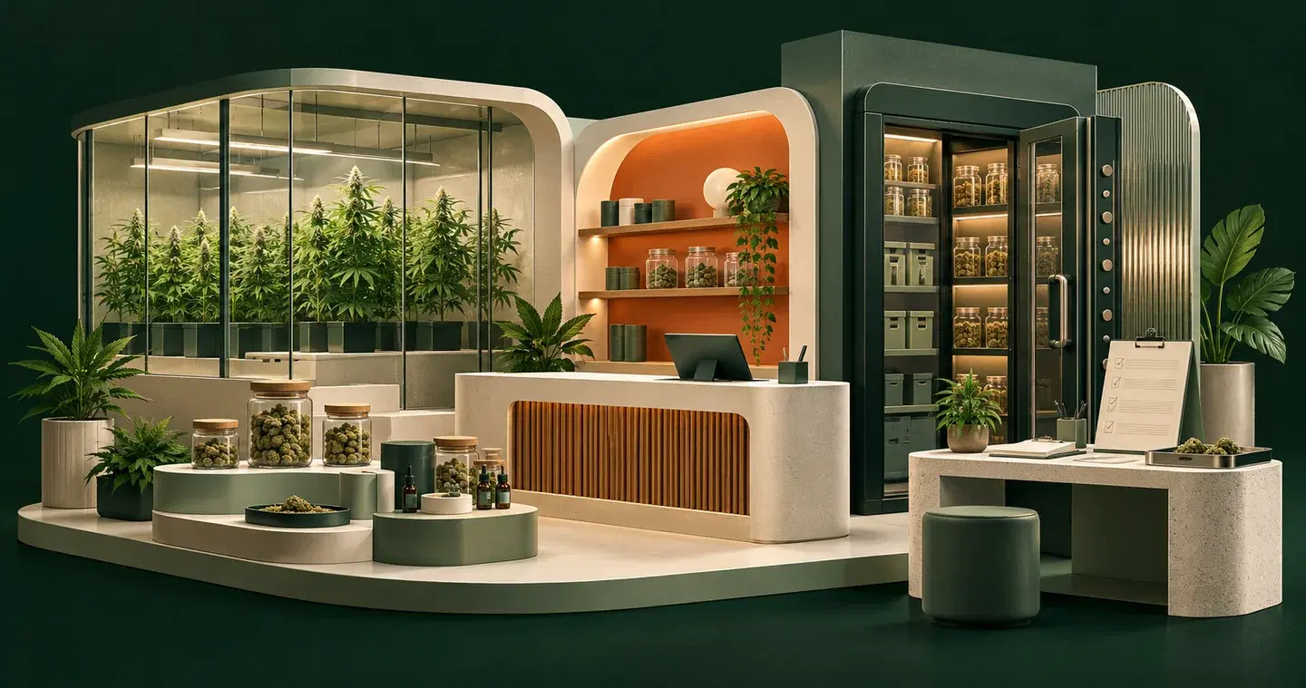 A medical cannabis establishment with a secure stock cabinet and organized service counter